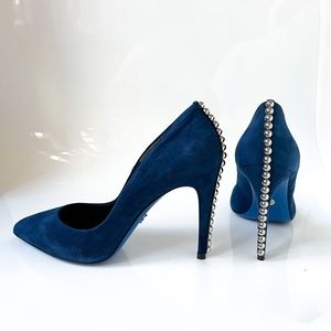 $499 Loriblu Italy Suede Blue Pumps Metal Accents High Heels Pointy Toe 40IT